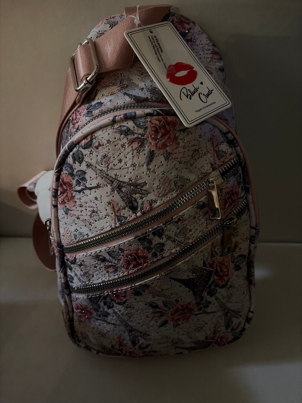 Blush Crush Paris Floral Sling Backpack NWT